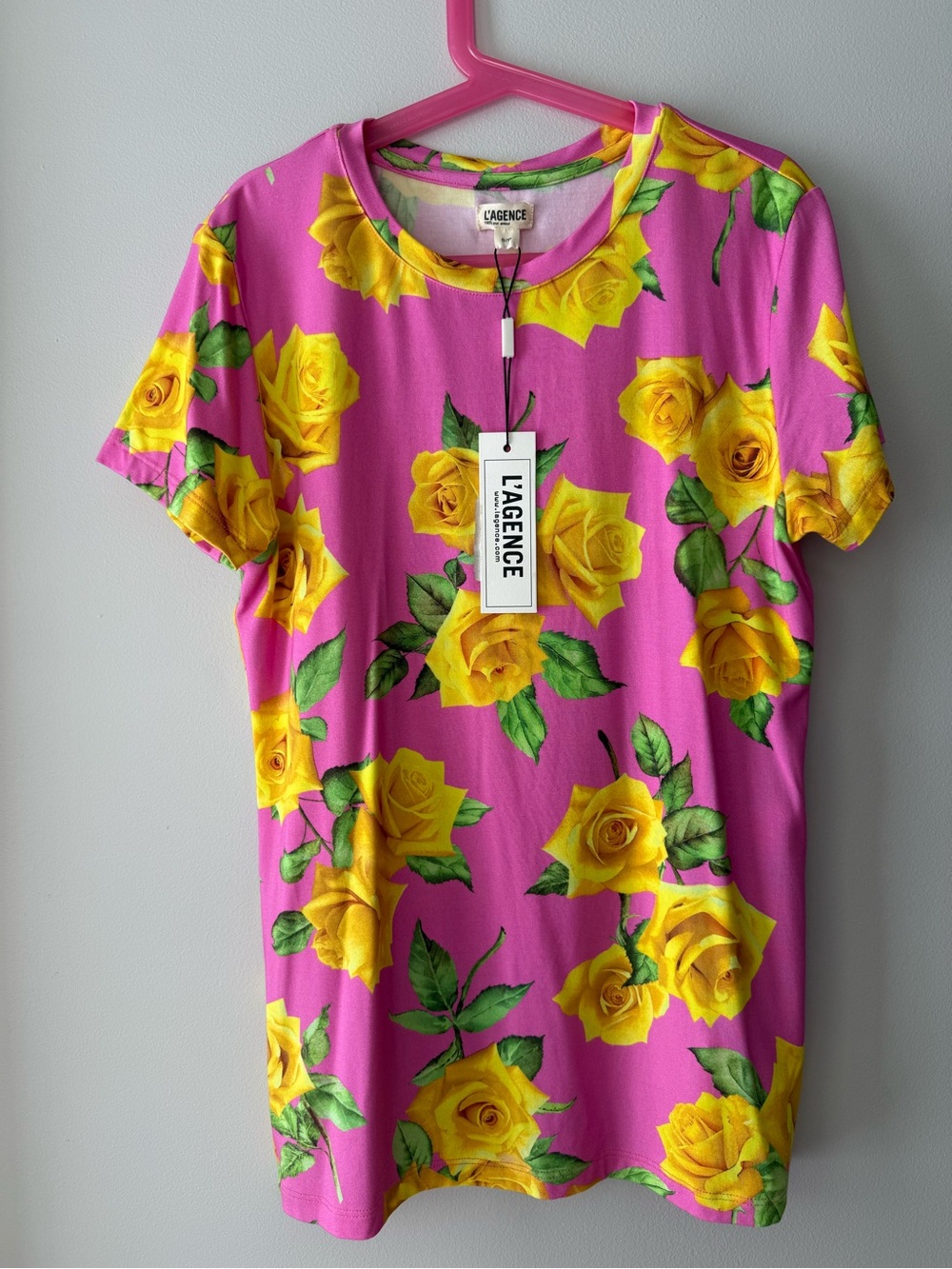 L'AGENCE  Ressi Hot Pink Tee with Yellow Rose Size S